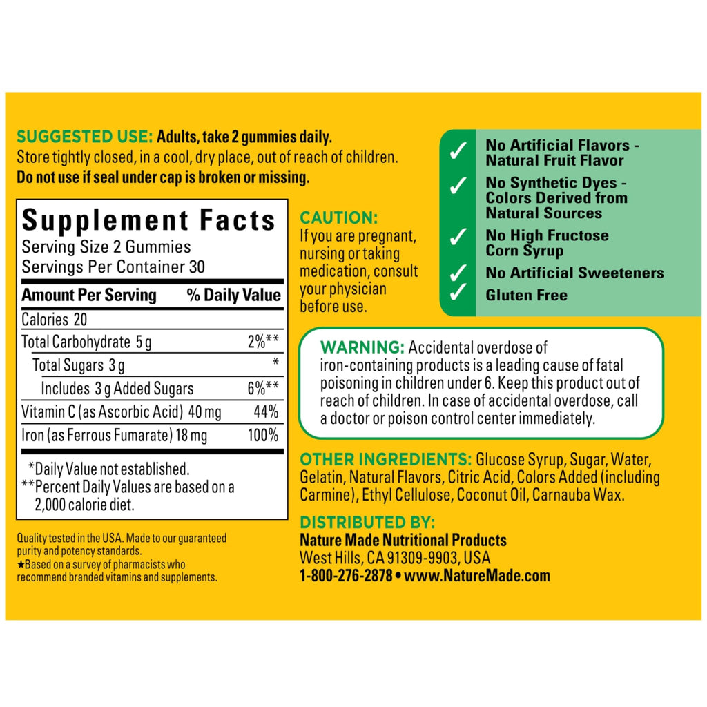 Nature Made Iron 18 mg per serving Gummies with Vitamin C, Iron Supplement for Red Blood Cell Support, 60 Gummies, 30 Day Supply - FENGGESTORE20