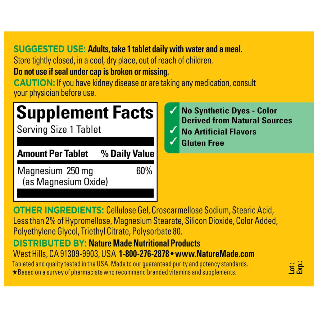 Nature Made Magnesium Oxide 250 mg, Magnesium Supplements for Men and Women, Support for Muscle, Heart - FENGGESTORE20