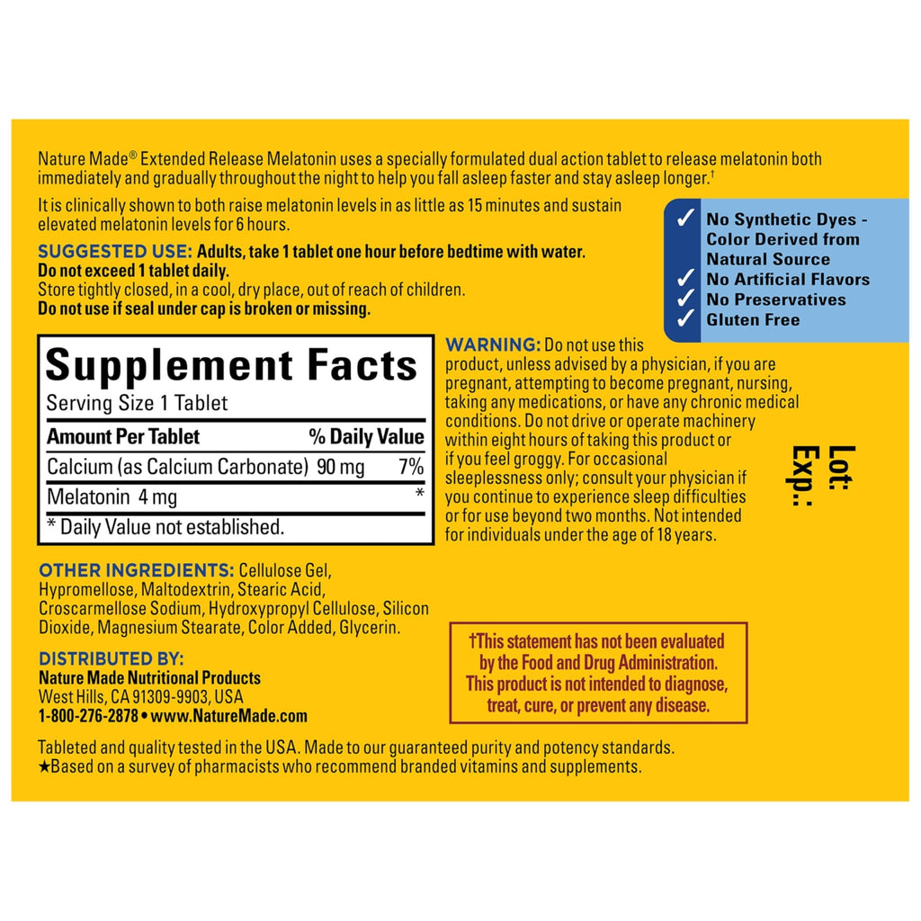 Nature Made Melatonin 4mg Extended Release Tablets, Sleep Supplements for Adults, 100% Drug Free Sleep Aid, 90 Count, 90 Day Supply - FENGGESTORE20