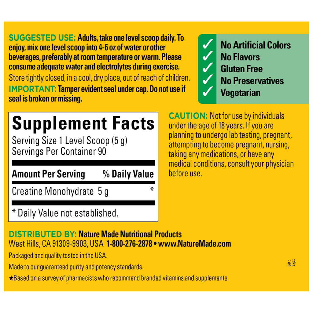 Nature Made Micronized Creatine Monohydrate Powder 5 g per Serving, Unflavored Drink Mix Powder, Muscle Support, 450 g, 90 Day Supply - FENGGESTORE20