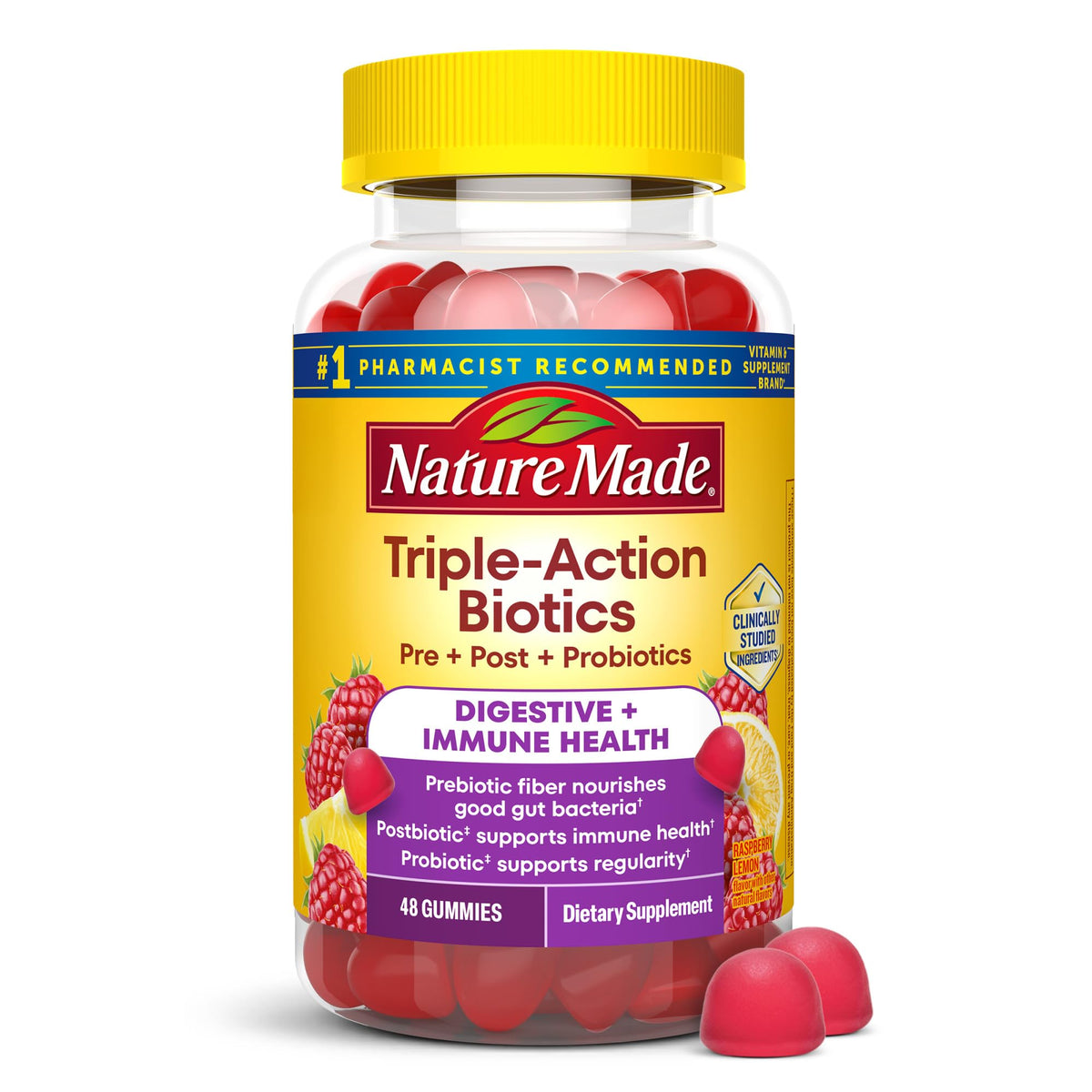 Nature Made Triple-Action Biotics, Gut and Immune Health Support, Digestive Probiotics for Women and Men, Prebiotic Fiber Gummies, 48 Gummies, 24 Day Supply - FENGGESTORE20