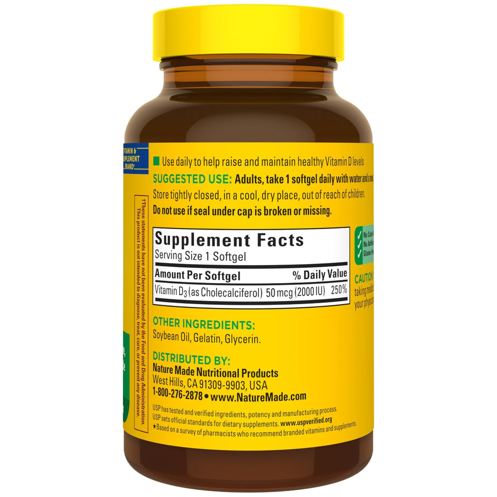 Nature Made Vitamin D3 2000 IU (50 mcg), Vitamin D Supplement for Bone, Teeth, Muscle and Immune Health Support, 250 Softgels, 250 Day Supply - FENGGESTORE20