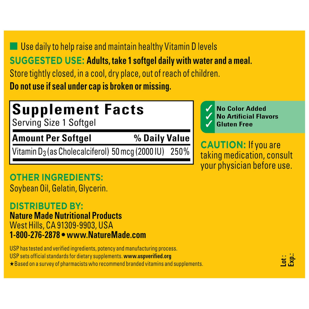 Nature Made Vitamin D3 2000 IU (50 mcg), Vitamin D Supplement for Bone, Teeth, Muscle and Immune Health Support, 250 Softgels, 250 Day Supply - FENGGESTORE20