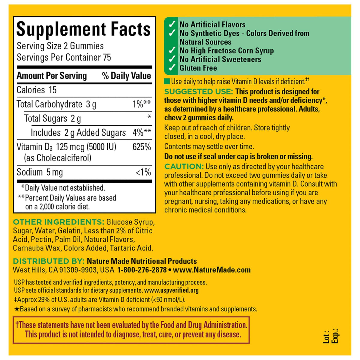 Nature Made Vitamin D3 5000 IU Per Serving Gummies Extra Strength, Bone and Immune Health Support, 150 Vitamin D Gummies for Adults, 75 Day Supply - FENGGESTORE20