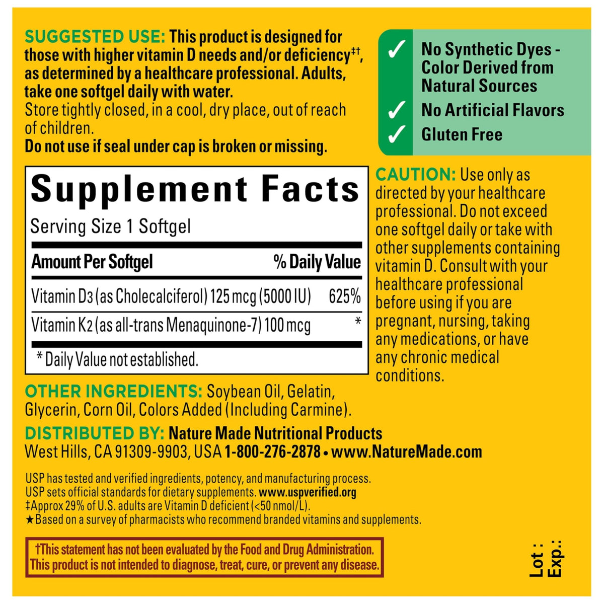 Nature Made Vitamin D3 K2 Supplement, 5000 IU (125 mcg) Vitamin D for Bone, Teeth, Muscle and Immune Support - FENGGESTORE20