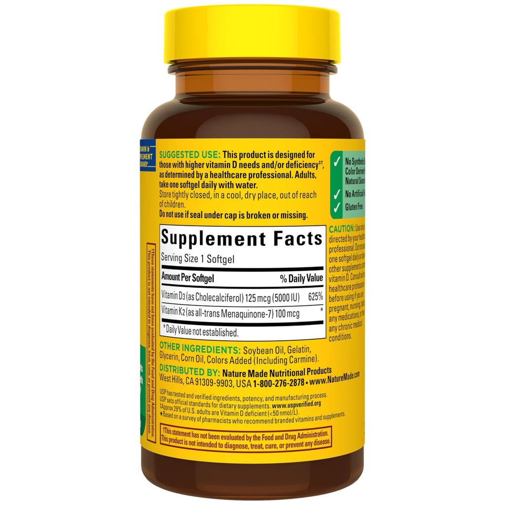 Nature Made Vitamin D3 K2 Supplement, 5000 IU (125 mcg) Vitamin D for Bone, Teeth, Muscle and Immune Support - FENGGESTORE20