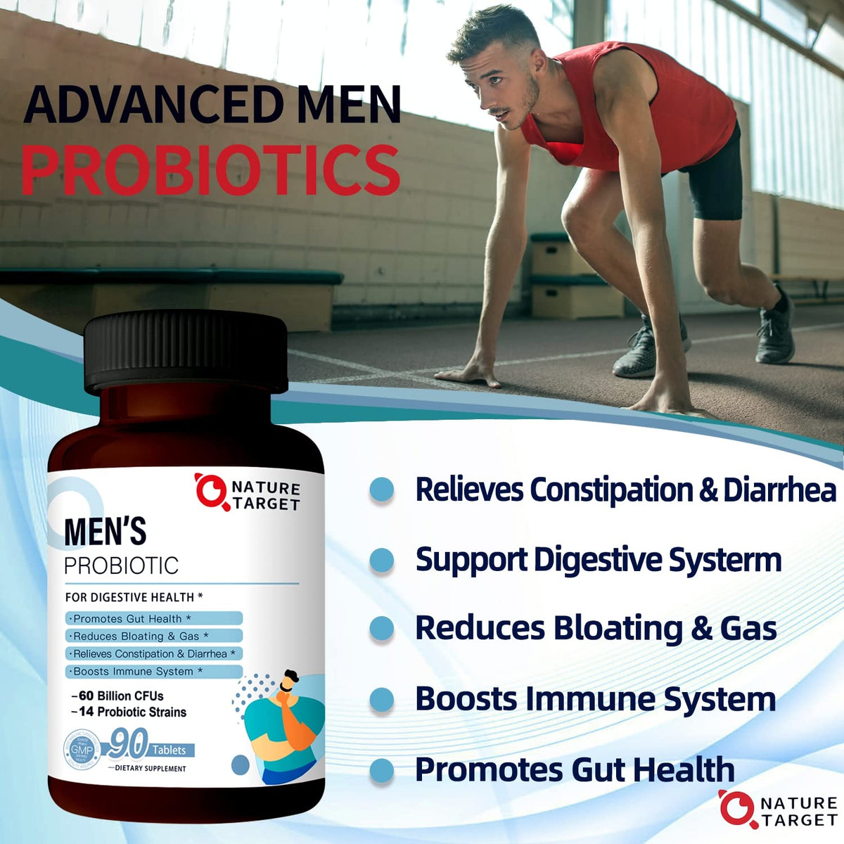 NATURE TARGET Probiotics for Men with Men Care Supplement, Prebiotics & Probiotic for Men's Digestive and Immune Health,60 Billion CFUs & 14 Strains Shelf Stable, - FENGGESTORE20
