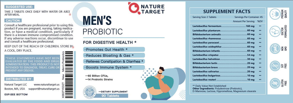NATURE TARGET Probiotics for Men with Men Care Supplement, Prebiotics & Probiotic for Men's Digestive and Immune Health,60 Billion CFUs & 14 Strains Shelf Stable, - FENGGESTORE20