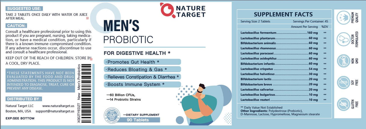 NATURE TARGET Probiotics for Men with Men Care Supplement, Prebiotics & Probiotic for Men's Digestive and Immune Health,60 Billion CFUs & 14 Strains Shelf Stable, - FENGGESTORE20