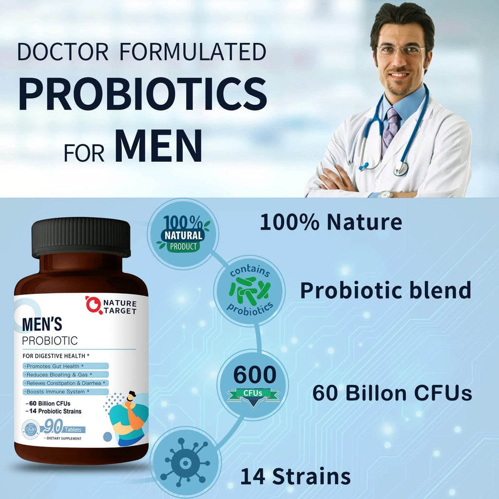 NATURE TARGET Probiotics for Men with Men Care Supplement, Prebiotics & Probiotic for Men's Digestive and Immune Health,60 Billion CFUs & 14 Strains Shelf Stable, - FENGGESTORE20
