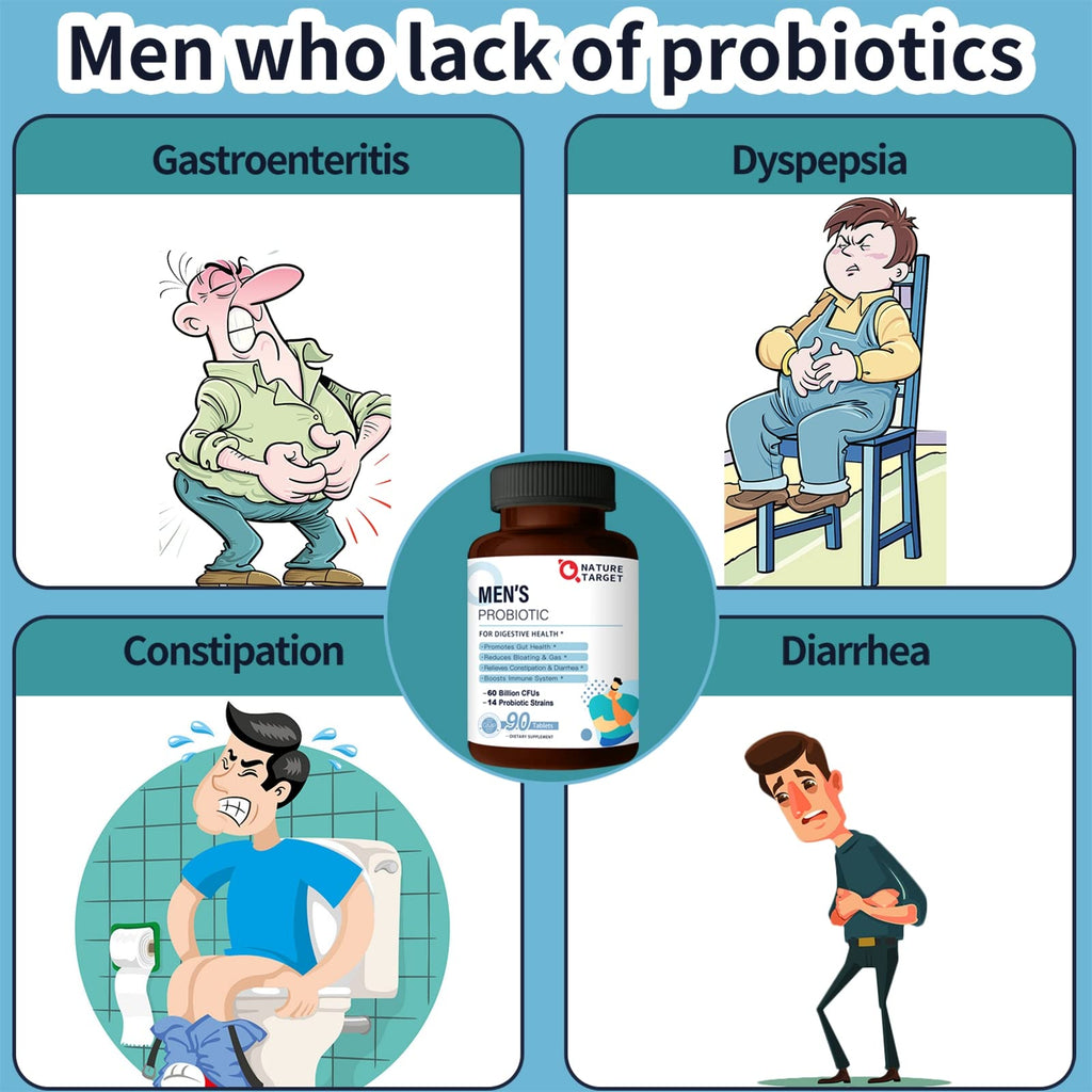 NATURE TARGET Probiotics for Men with Men Care Supplement, Prebiotics & Probiotic for Men's Digestive and Immune Health,60 Billion CFUs & 14 Strains Shelf Stable, - FENGGESTORE20