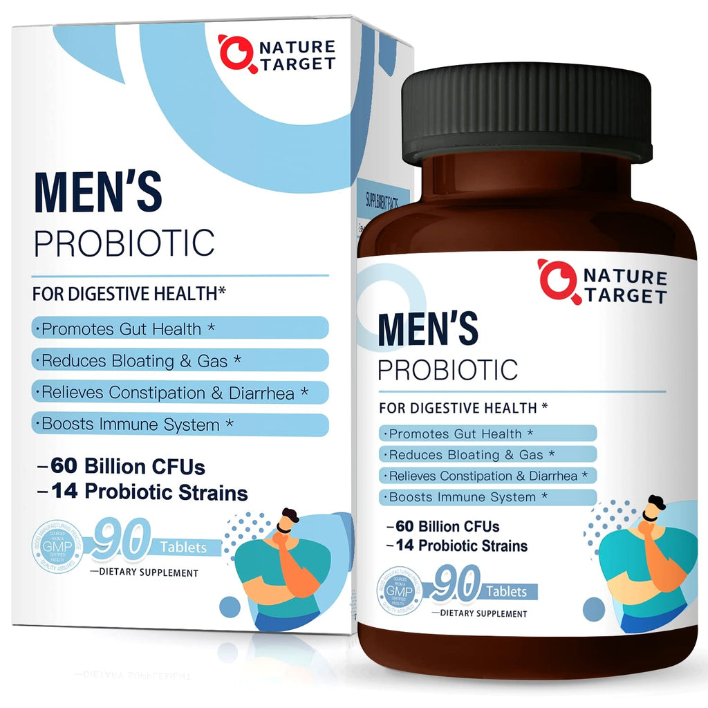 NATURE TARGET Probiotics for Men with Men Care Supplement, Prebiotics & Probiotic for Men's Digestive and Immune Health,60 Billion CFUs & 14 Strains Shelf Stable, - FENGGESTORE20