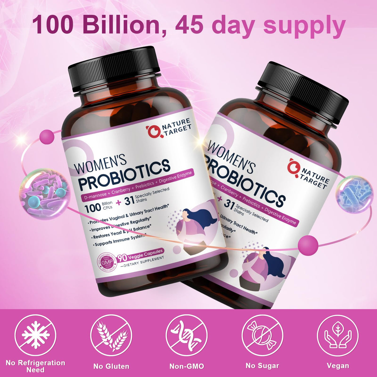 NATURE TARGET Probiotics for Women, 100 Billion CFUs Probiotic with Digestive Enzymes & Prebiotics, Vaginal Probiotics with Cranberry for Urinary Tract Health - FENGGESTORE20