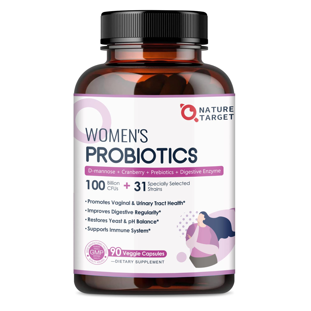 NATURE TARGET Probiotics for Women, 100 Billion CFUs Probiotic with Digestive Enzymes & Prebiotics, Vaginal Probiotics with Cranberry for Urinary Tract Health - FENGGESTORE20