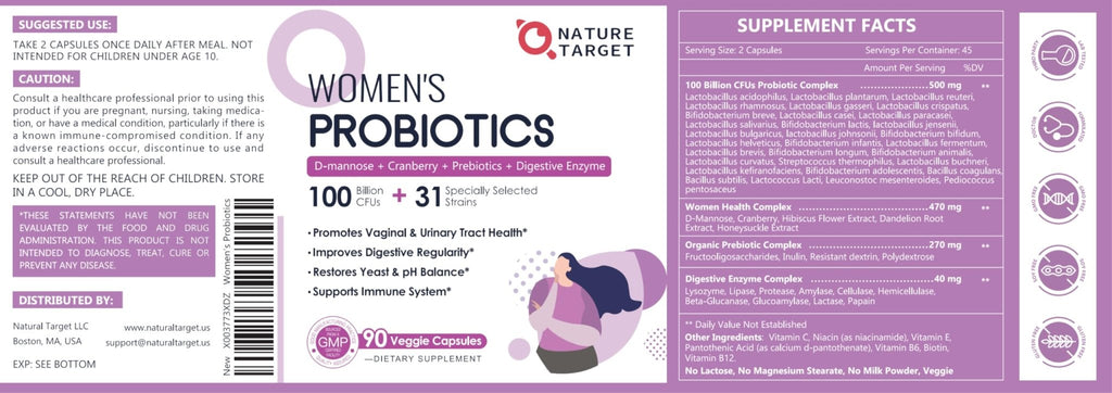 NATURE TARGET Probiotics for Women, 100 Billion CFUs Probiotic with Digestive Enzymes & Prebiotics, Vaginal Probiotics with Cranberry for Urinary Tract Health - FENGGESTORE20