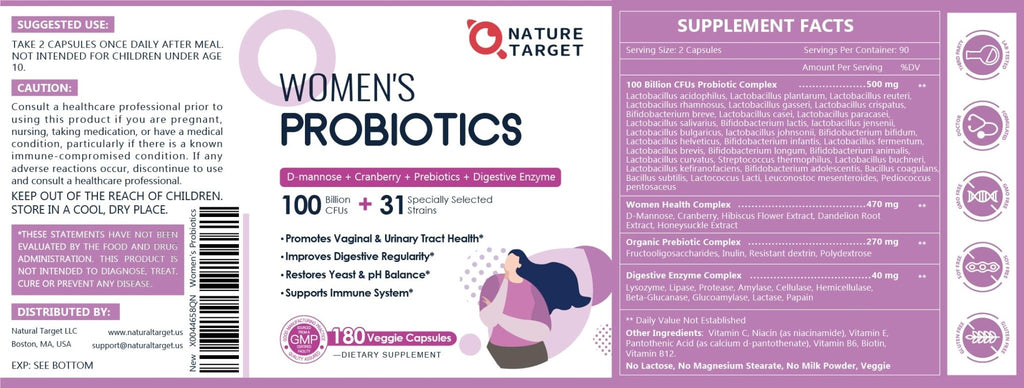 NATURE TARGET Probiotics for Women, 100 Billion CFUs Probiotic with Digestive Enzymes & Prebiotics, Vaginal Probiotics with Cranberry for Urinary Tract Health, - FENGGESTORE20