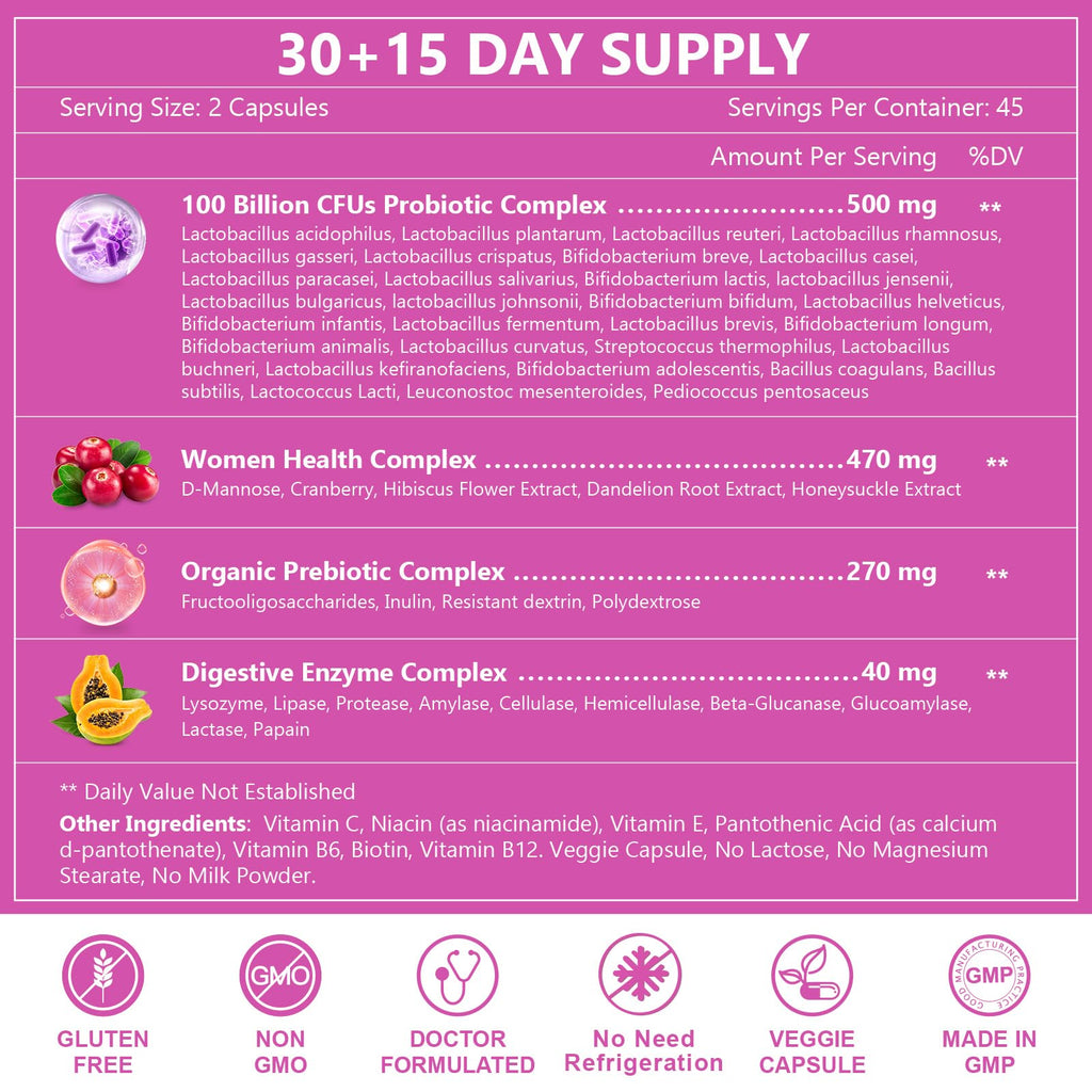 NATURE TARGET Probiotics for Women, 100 Billion CFUs Probiotic with Digestive Enzymes & Prebiotics, Vaginal Probiotics with Cranberry for Urinary Tract Health - FENGGESTORE20
