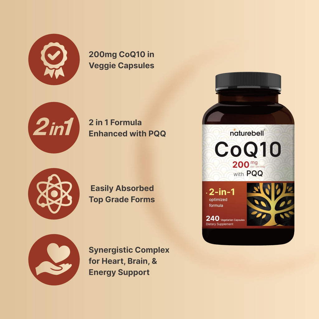 NatureBell CoQ10 200mg with PQQ, 240 Veggie Capsules | Stable High Absorption Form – Antioxidant Support for Heart, & Energy Health - FENGGESTORE20