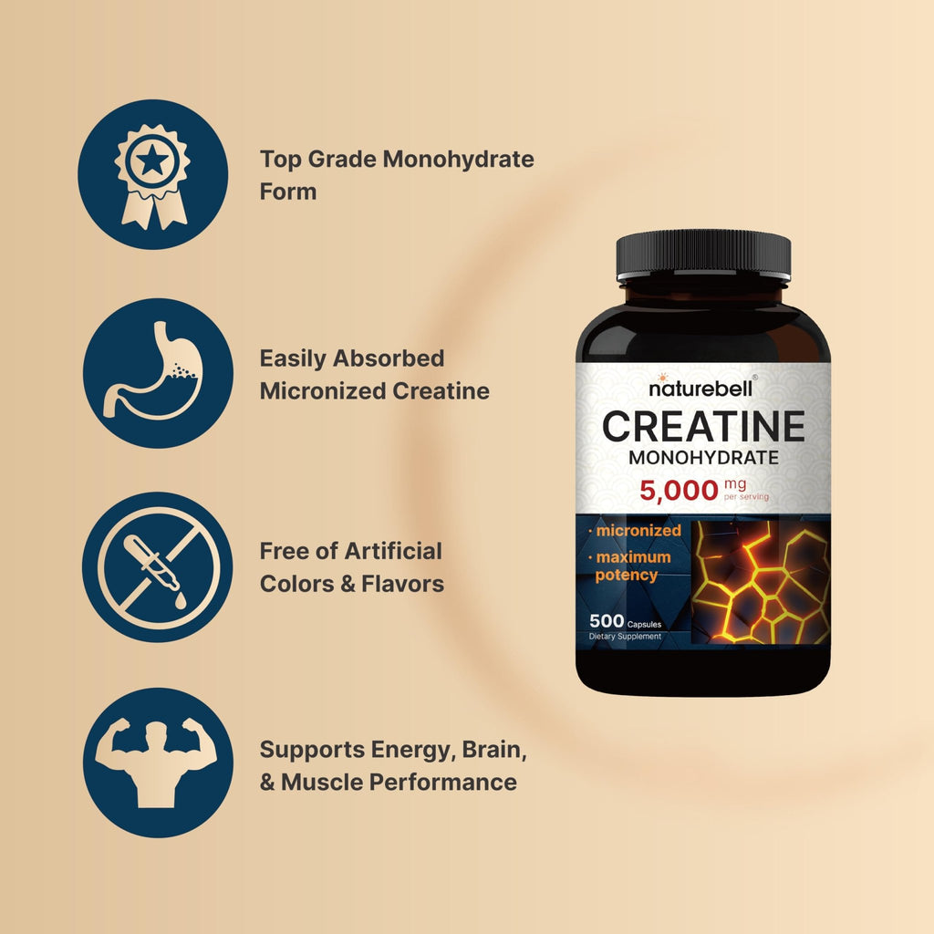 NatureBell Creatine Monohydrate Capsules 5,000mg Per Serving, 500 Count | Micronized, Unflavored Creatine Pills | Pre-Workout & Muscle Strength Support - FENGGESTORE20