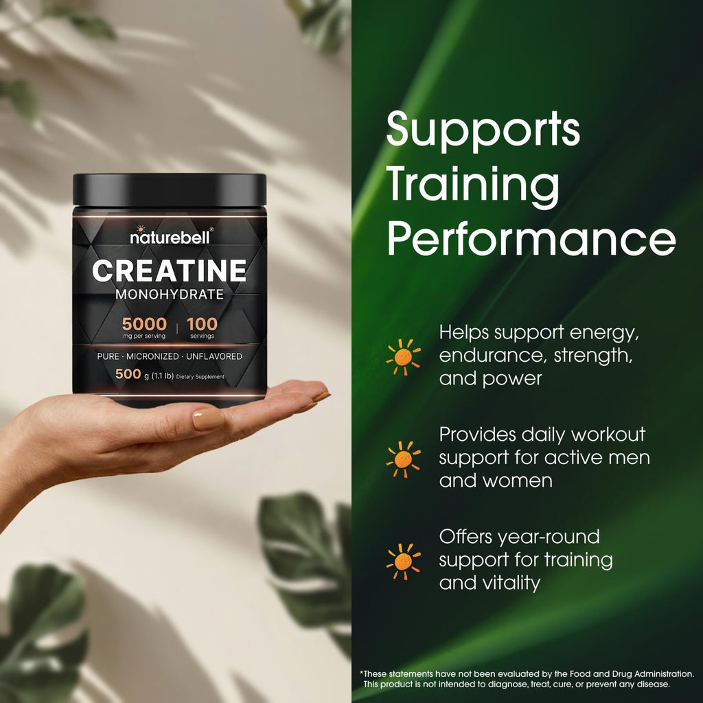 NatureBell Creatine Monohydrate Powder - 500g - Micronized Powder - Delivers 5,000mg Creatine Per Serving - Pre-Workout or Post-Workout Support* - FENGGESTORE20