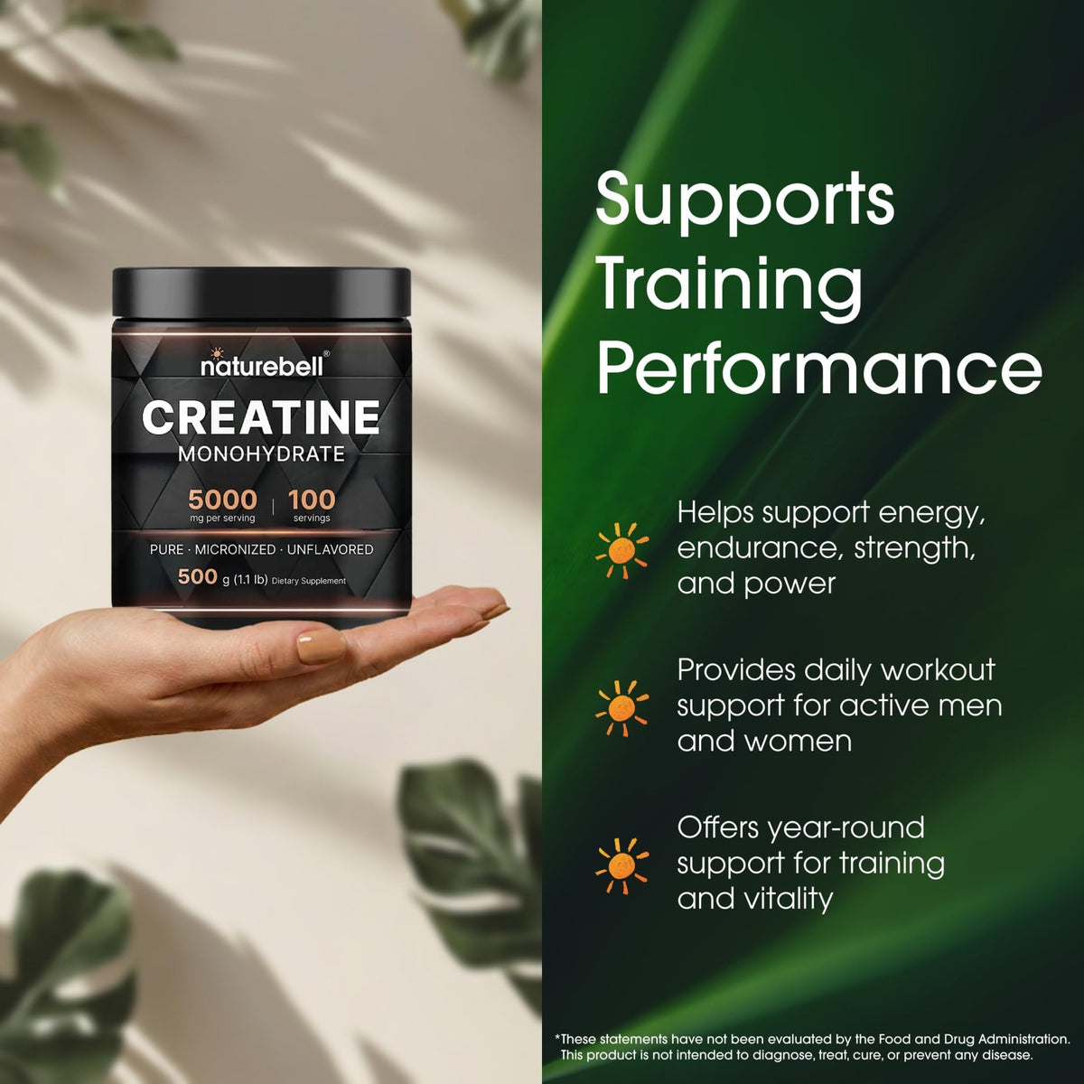 NatureBell Creatine Monohydrate Powder - 500g - Micronized Powder - Delivers 5,000mg Creatine Per Serving - Pre-Workout or Post-Workout Support* - FENGGESTORE20