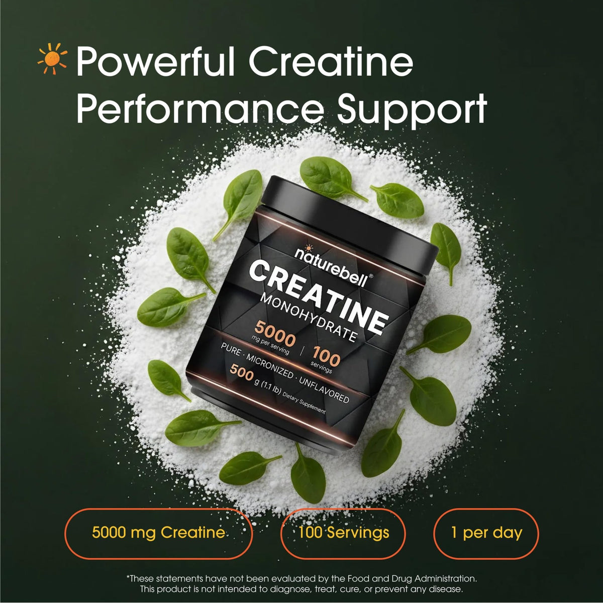 NatureBell Creatine Monohydrate Powder - 500g - Micronized Powder - Delivers 5,000mg Creatine Per Serving - Pre-Workout or Post-Workout Support* - FENGGESTORE20