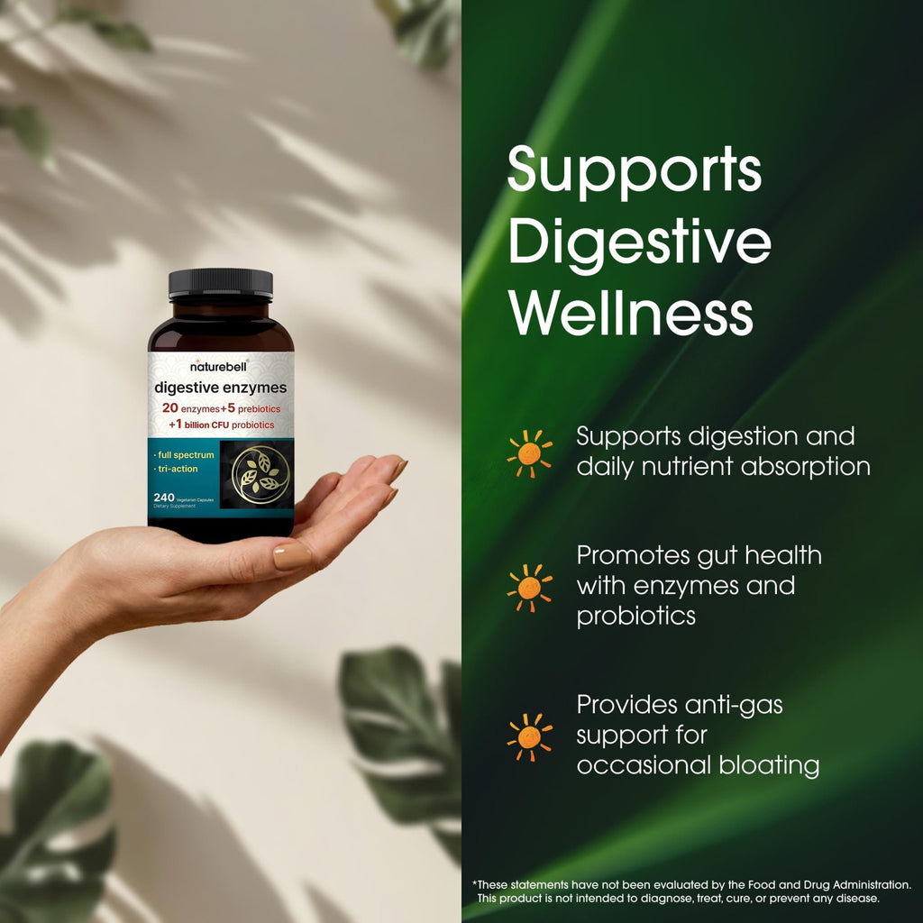 NatureBell Digestive Enzymes - 240 Capsules - Gut & Digestive Health Support Supplement* - with 20 Enzymes, - FENGGESTORE20