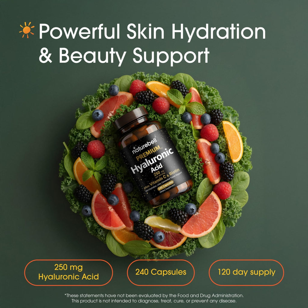 NatureBell Hyaluronic Acid 250mg - 240 Capsules - 250mg Hyaluronic Acid, 5000mcg Biotin & 25 mg Vitamin C - Supports Skin - FENGGESTORE20