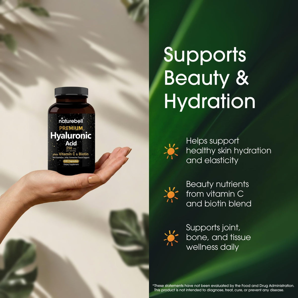 NatureBell Hyaluronic Acid 250mg - 240 Capsules - 250mg Hyaluronic Acid, 5000mcg Biotin & 25 mg Vitamin C - Supports Skin - FENGGESTORE20