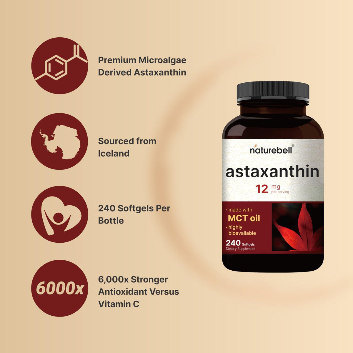 NatureBell Maximum Strength Astaxanthin 12mg, 240 Softgels - 4 Month Supply - Natural Antioxidant from Haematococcus - FENGGESTORE20