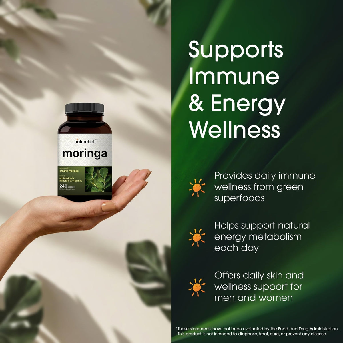 NatureBell Moringa - 240 Capsules - Organic Moringa for Immune, Energy & Skin Health Support - Green Superfood Properties - FENGGESTORE20