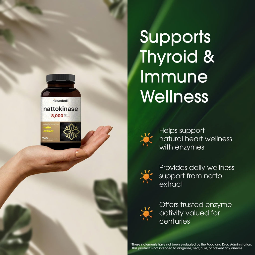 NatureBell Nattokinase - 240 Capsules - 8,000 FU Max Strength from Fermented Natto Extract - for Heart Health - FENGGESTORE20