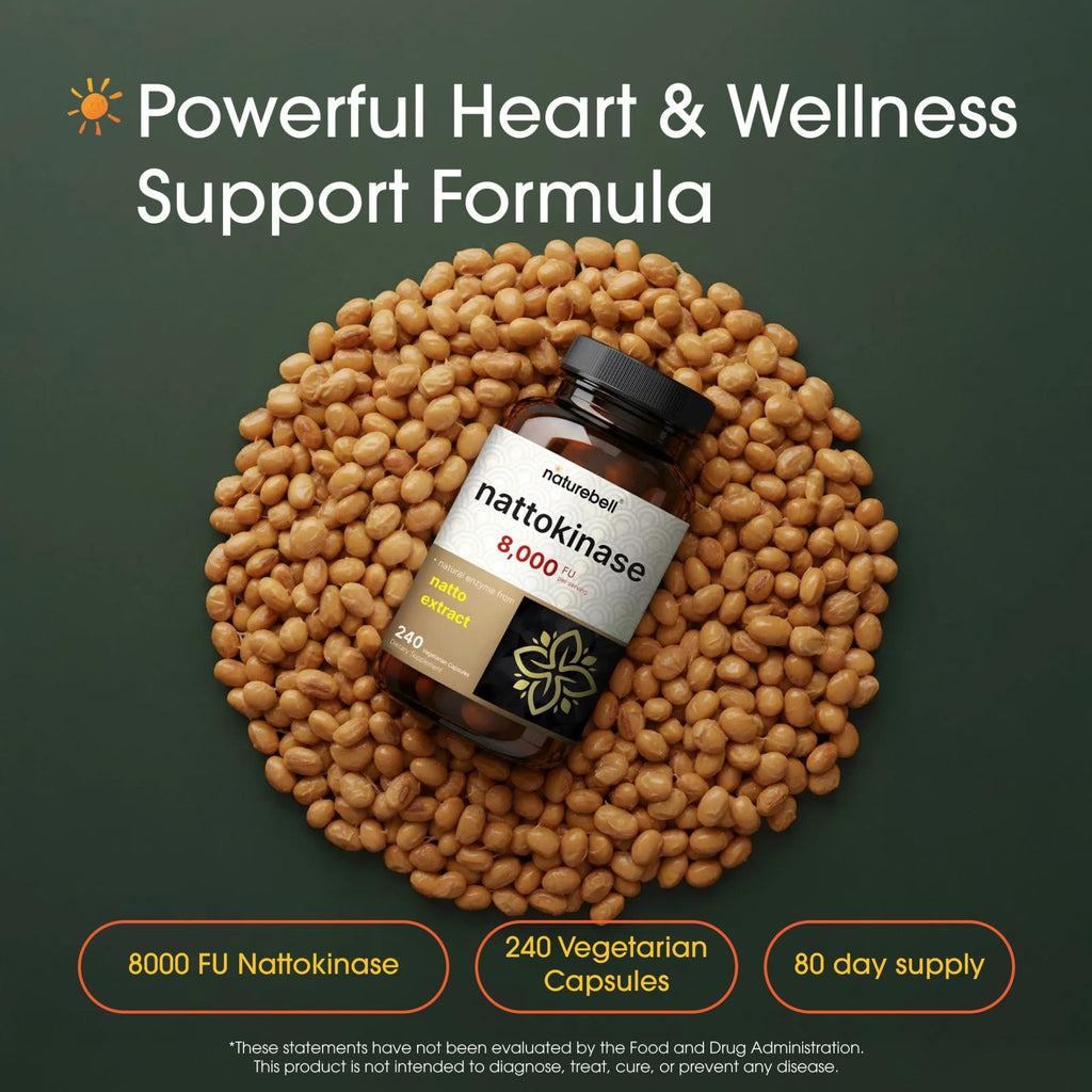 NatureBell Nattokinase - 240 Capsules - 8,000 FU Max Strength from Fermented Natto Extract - for Heart Health - FENGGESTORE20