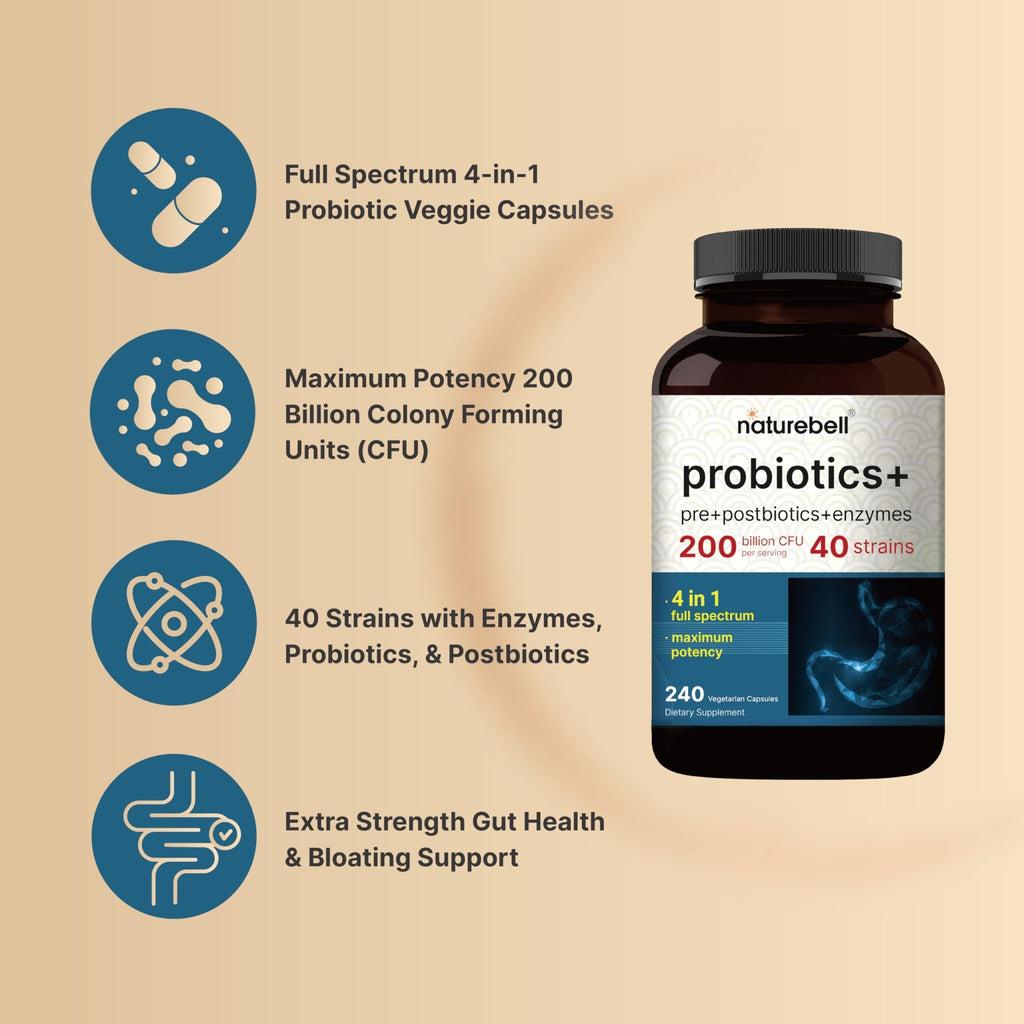 NatureBell Probiotic 200 Billion CFU – 40 Strains Per Serving | 240 Veggie Capsules with Prebiotics and Probiotics – Full Spectrum Complex with Enzymes - FENGGESTORE20