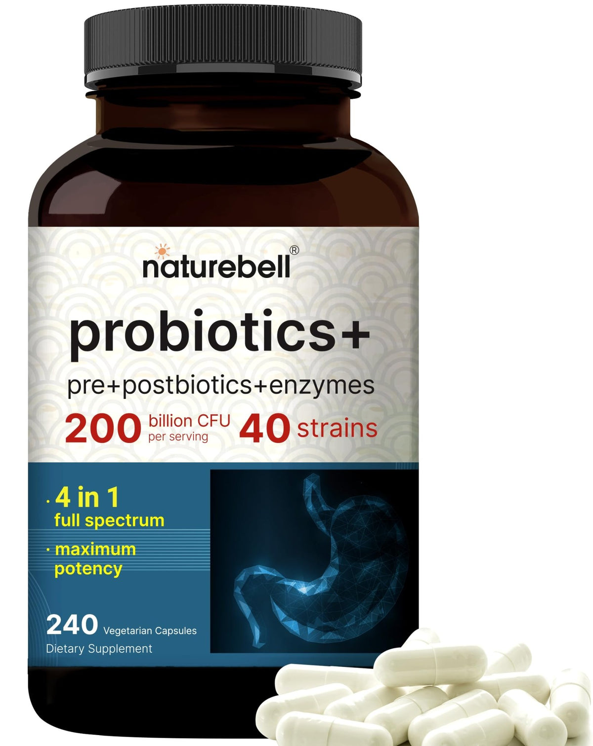 NatureBell Probiotic 200 Billion CFU – 40 Strains Per Serving | 240 Veggie Capsules with Prebiotics and Probiotics – Full Spectrum Complex with Enzymes - FENGGESTORE20