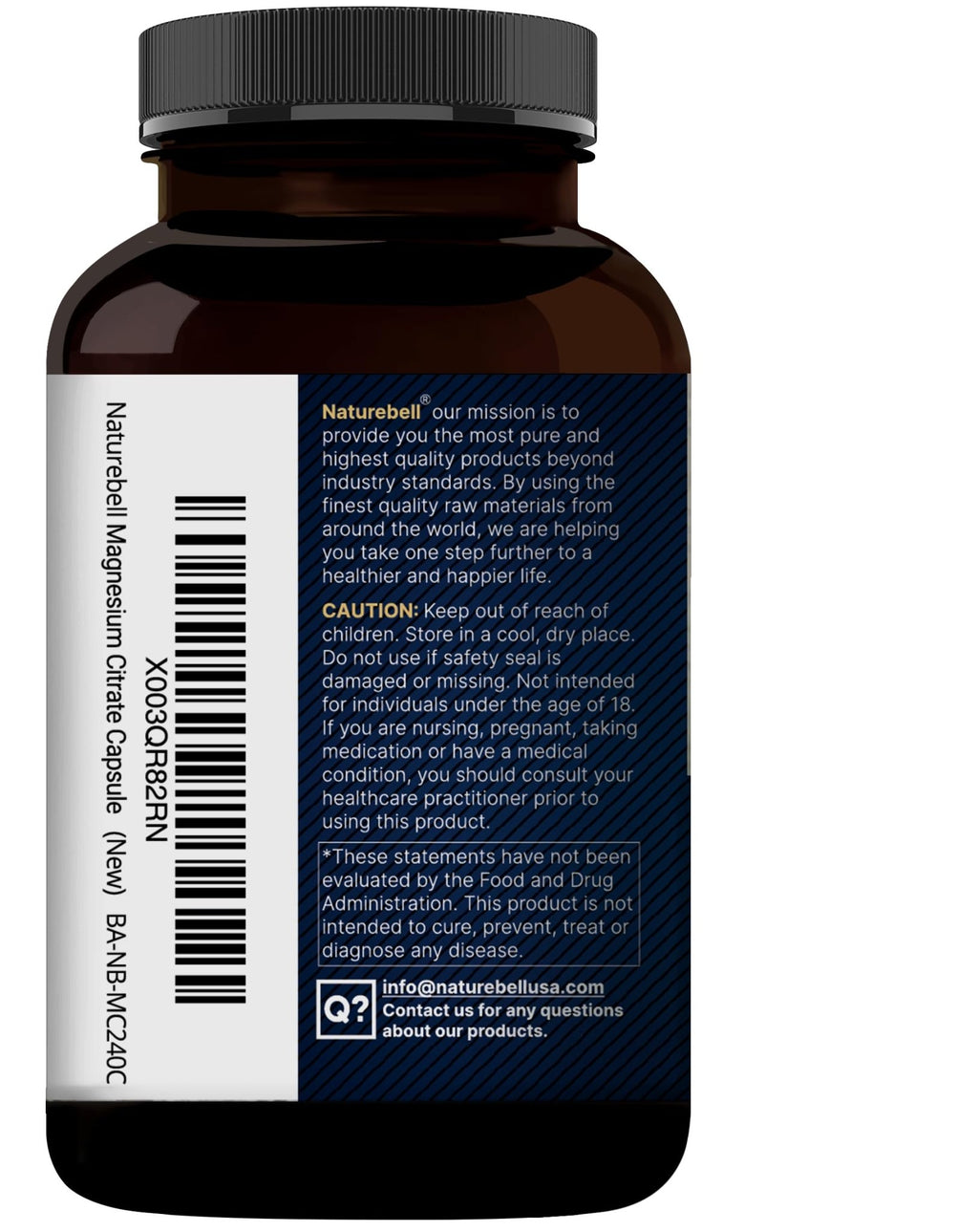 NatureBell Pure Magnesium Citrate 500mg per 3 Capsules Serving Size, 240 Capsules per Bottle - FENGGESTORE20