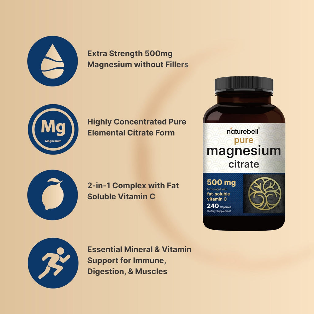 NatureBell Pure Magnesium Citrate 500mg per 3 Capsules Serving Size, 240 Capsules per Bottle - FENGGESTORE20