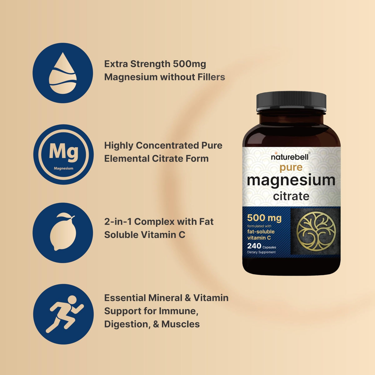 NatureBell Pure Magnesium Citrate 500mg per 3 Capsules Serving Size, 240 Capsules per Bottle - FENGGESTORE20