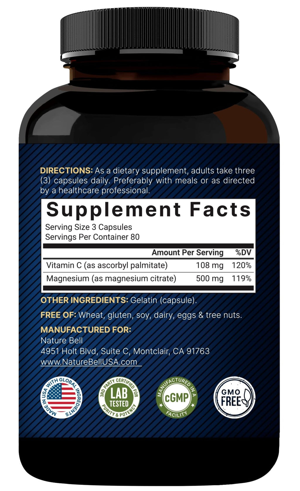 NatureBell Pure Magnesium Citrate 500mg per 3 Capsules Serving Size, 240 Capsules per Bottle - FENGGESTORE20