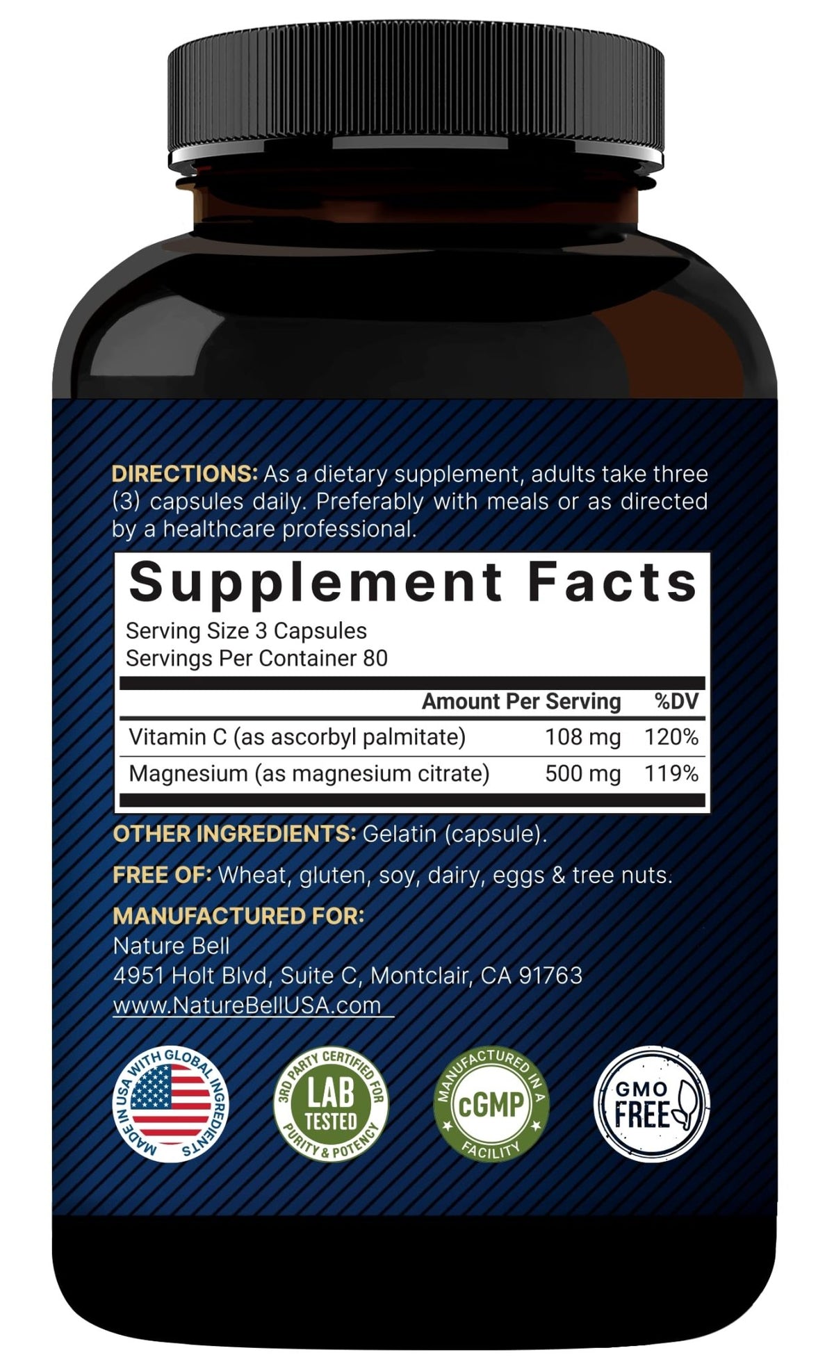 NatureBell Pure Magnesium Citrate 500mg per 3 Capsules Serving Size, 240 Capsules per Bottle - FENGGESTORE20