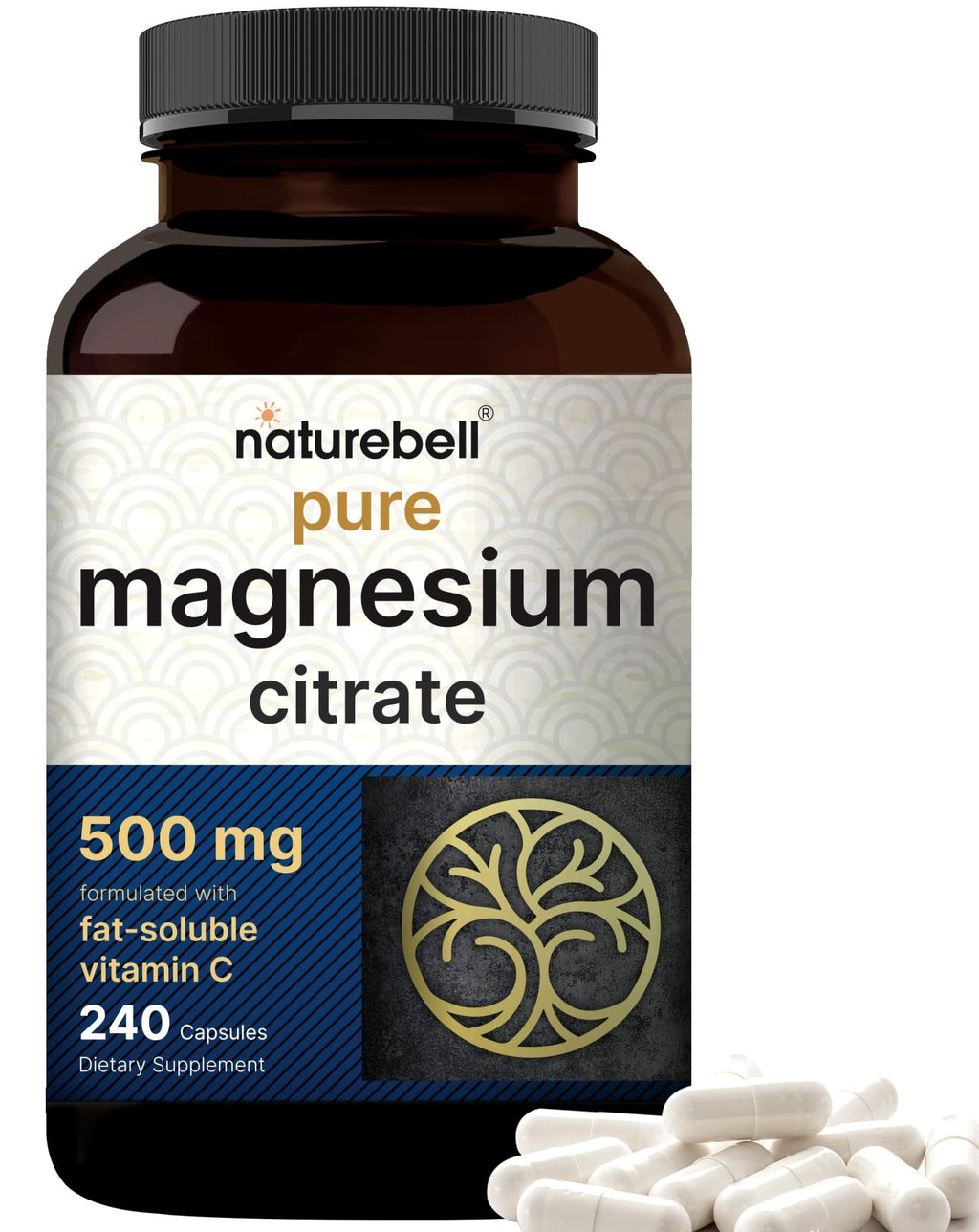 NatureBell Pure Magnesium Citrate 500mg per 3 Capsules Serving Size, 240 Capsules per Bottle - FENGGESTORE20
