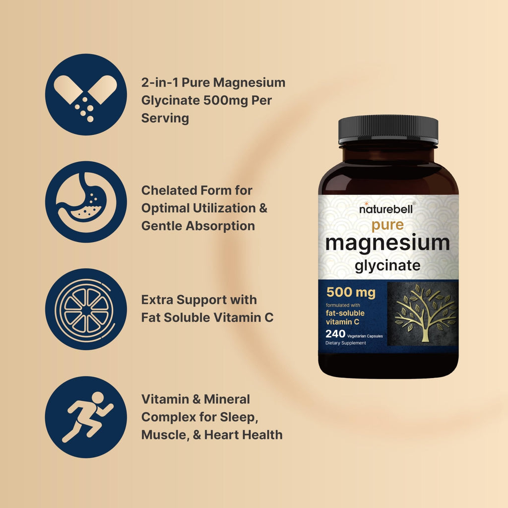 Naturebell Pure Magnesium Glycinate 500mg, 240 Veggie Capsules | 100% Chelated & Purified – 3rd Party Tested, Vegan Friendly, Non-GMO, Filler Free - FENGGESTORE20