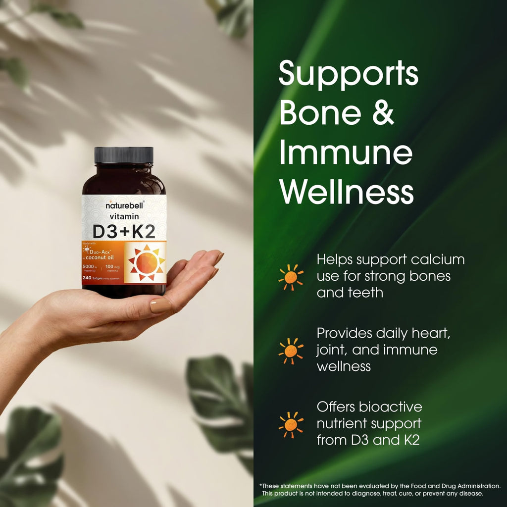 NatureBell Vitamin D3 K2-240 Softgels - 5,000 IU Vitamin D3 & 100mcg Vitamin K2 MK-7 - with Virgin Coconut Oil - Bone, Heart & Immune Health Support - FENGGESTORE20