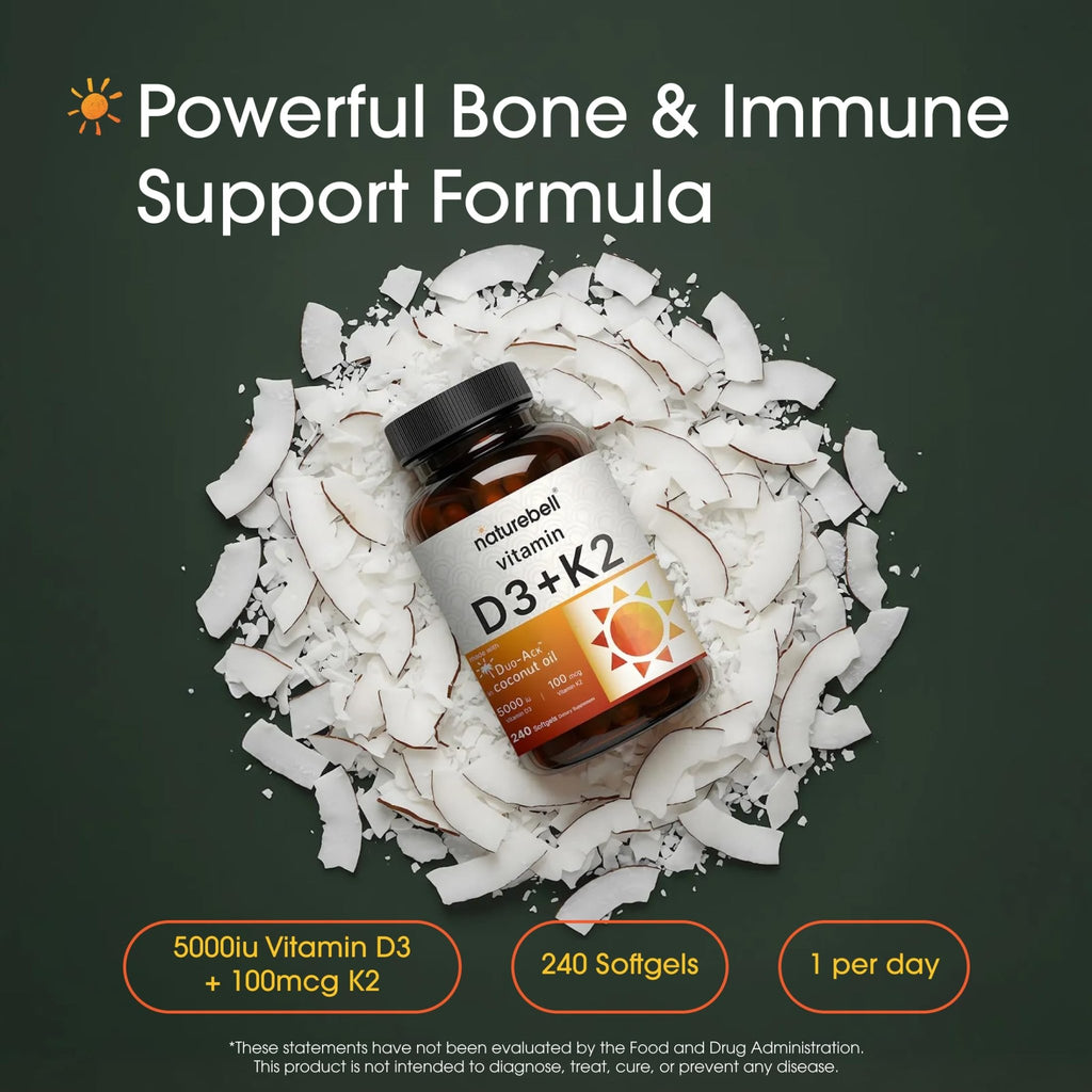 NatureBell Vitamin D3 K2-240 Softgels - 5,000 IU Vitamin D3 & 100mcg Vitamin K2 MK-7 - with Virgin Coconut Oil - Bone, Heart & Immune Health Support - FENGGESTORE20