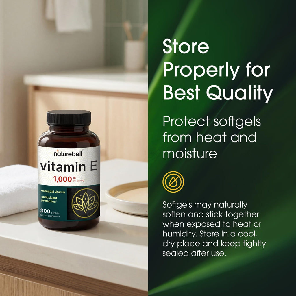 NatureBell Vitamin E 1,000 IU Per Serving - 300 Softgels - Antioxidant Supplement for Skin, Heart & Brain Health Support - FENGGESTORE20