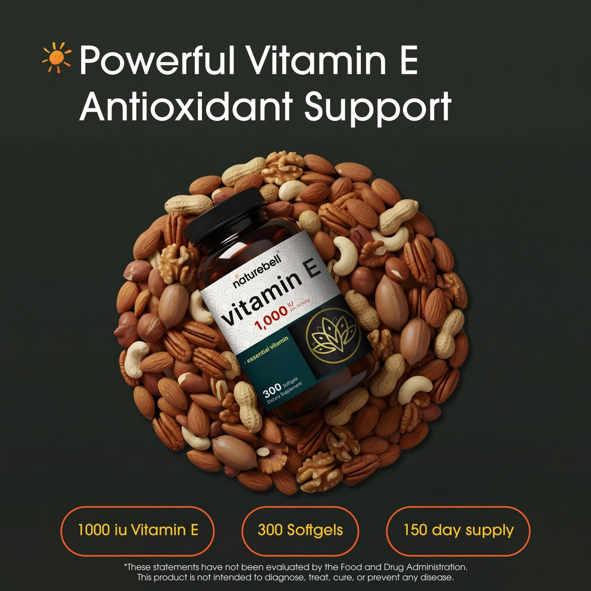 NatureBell Vitamin E 1,000 IU Per Serving - 300 Softgels - Antioxidant Supplement for Skin, Heart & Brain Health Support - FENGGESTORE20