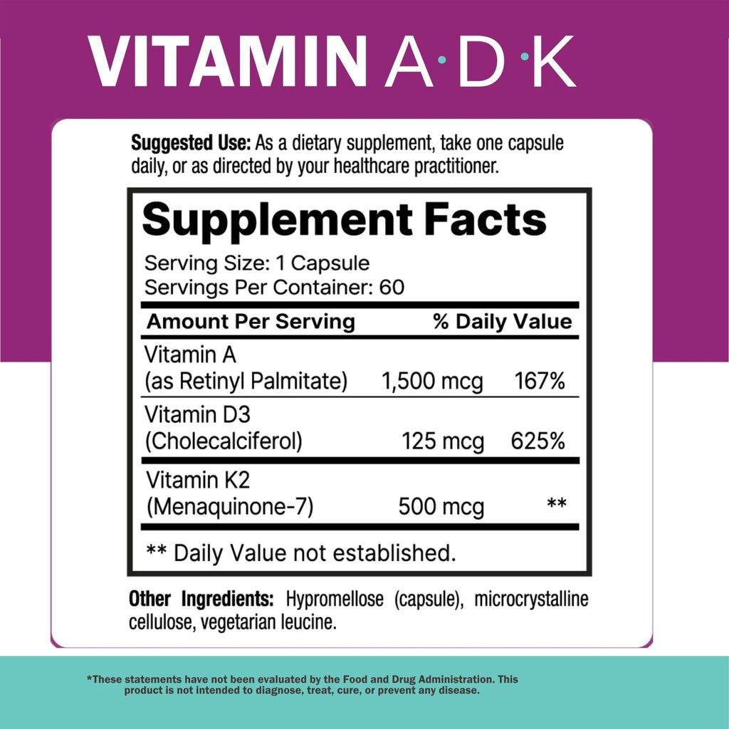 NatureGenX ADK Vitamin Supplement – Vitamins A, D3 & K2 MK-7 for Bone Health & Calcium Absorption – Gluten-Free, Non-GMO, Soy-Free - FENGGESTORE20
