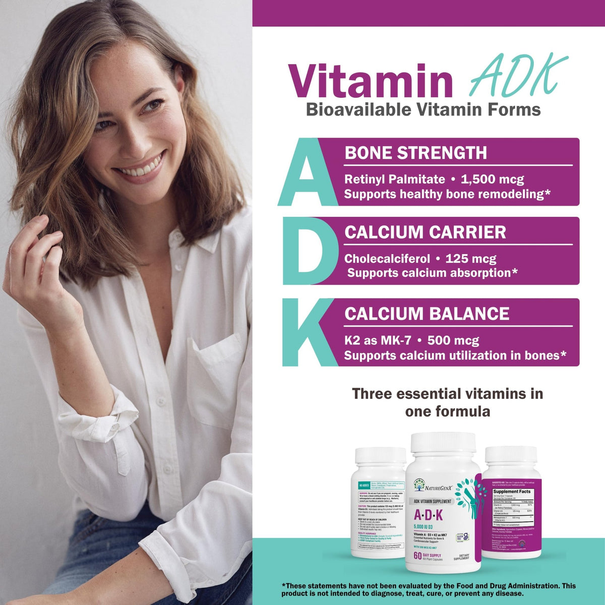 NatureGenX ADK Vitamin Supplement – Vitamins A, D3 & K2 MK-7 for Bone Health & Calcium Absorption – Gluten-Free, Non-GMO, Soy-Free - FENGGESTORE20