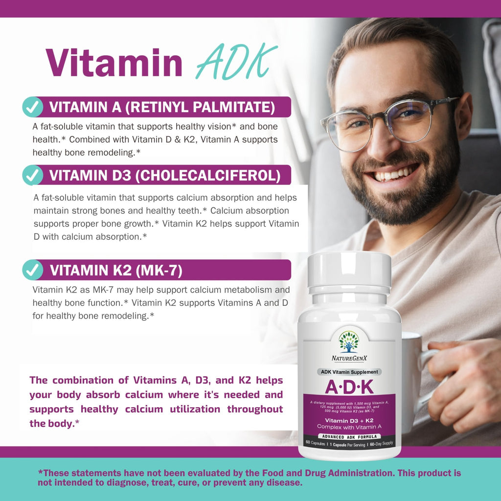 NatureGenX ADK Vitamin Supplement – Vitamins A, D3 & K2 MK-7 for Bone Health & Calcium Absorption – Gluten-Free, Non-GMO, Soy-Free - FENGGESTORE20
