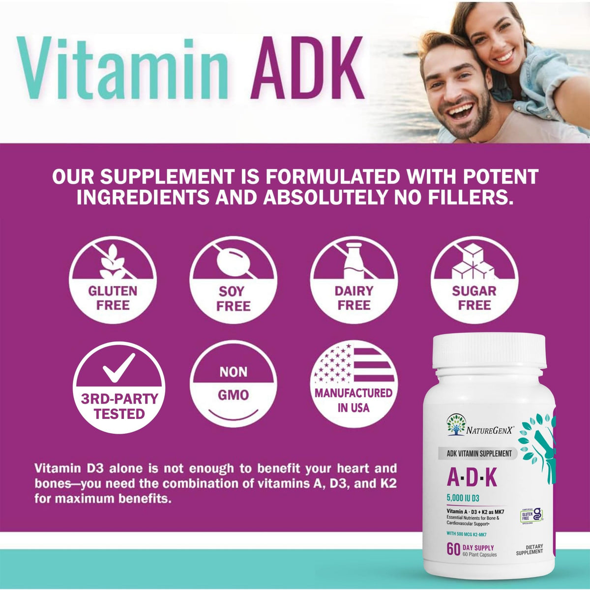 NatureGenX ADK Vitamin Supplement – Vitamins A, D3 & K2 MK-7 for Bone Health & Calcium Absorption – Gluten-Free, Non-GMO, Soy-Free - FENGGESTORE20